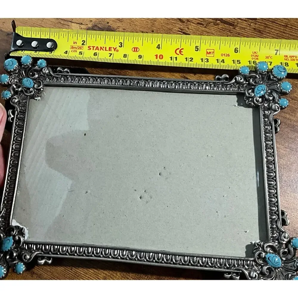 Photo Frame Silver Pewter Rectangle Turquoise Corners Accents Stand Up Easel 4X6